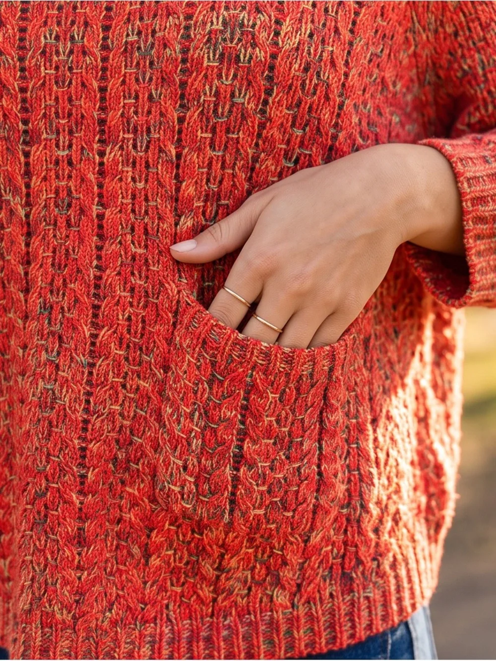 Moth Coral Textured Crewneck Sweater with Patch Pockets